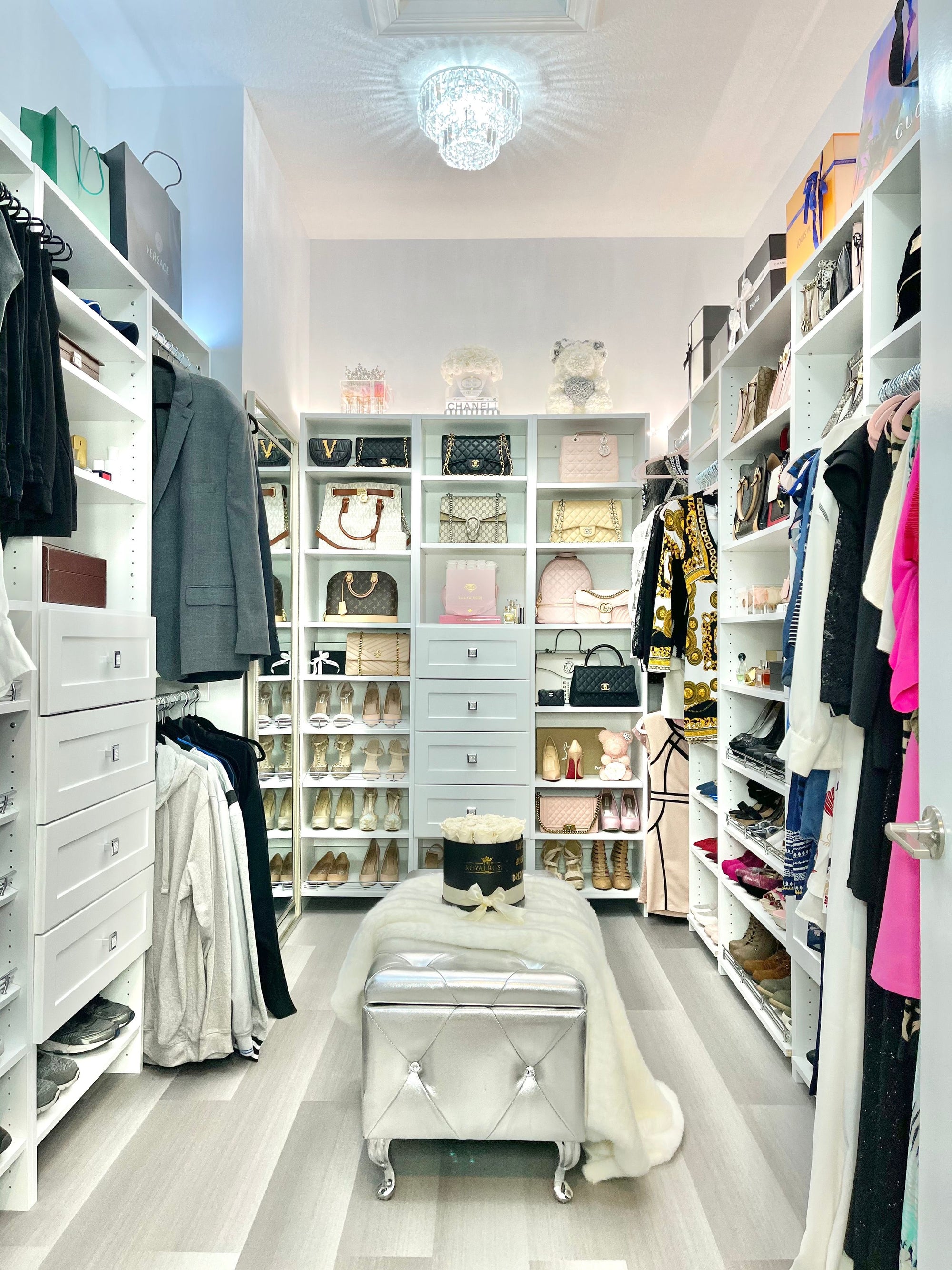 Empty Walk-in Closet With Shelves. Dressing Room Interior Elements