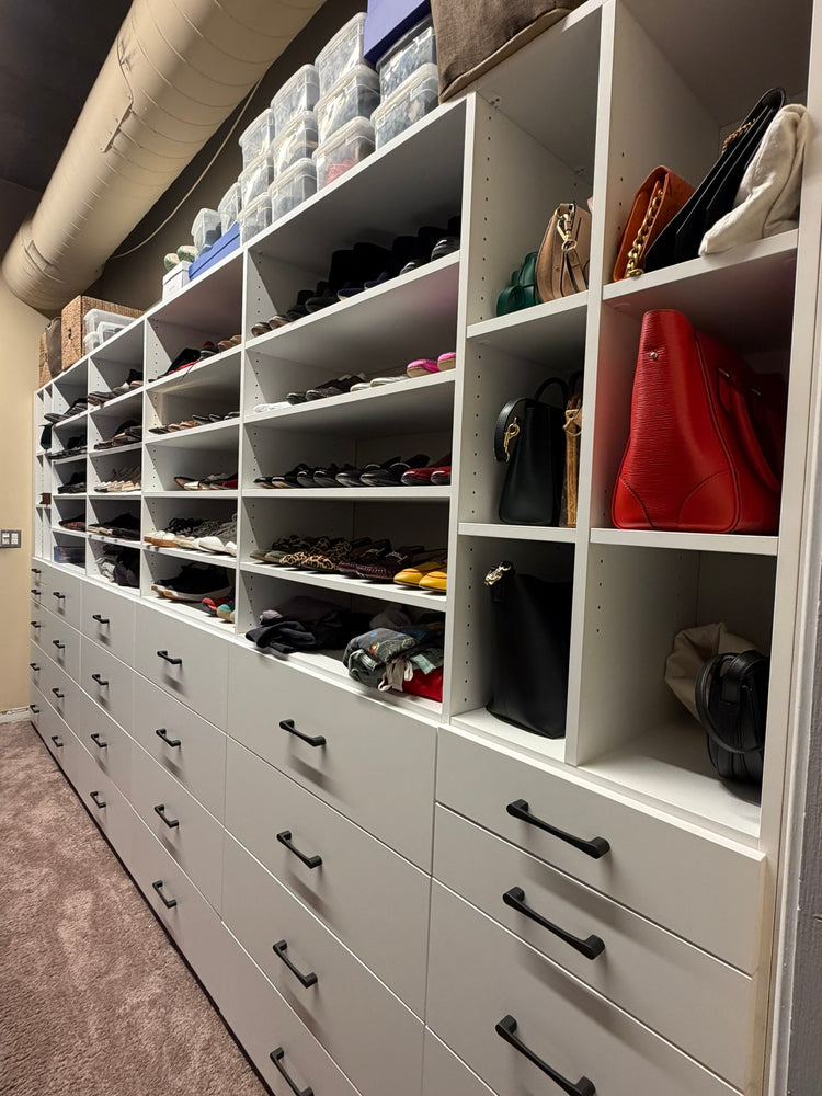 Customer photo of installed white Alto closet with many drawers