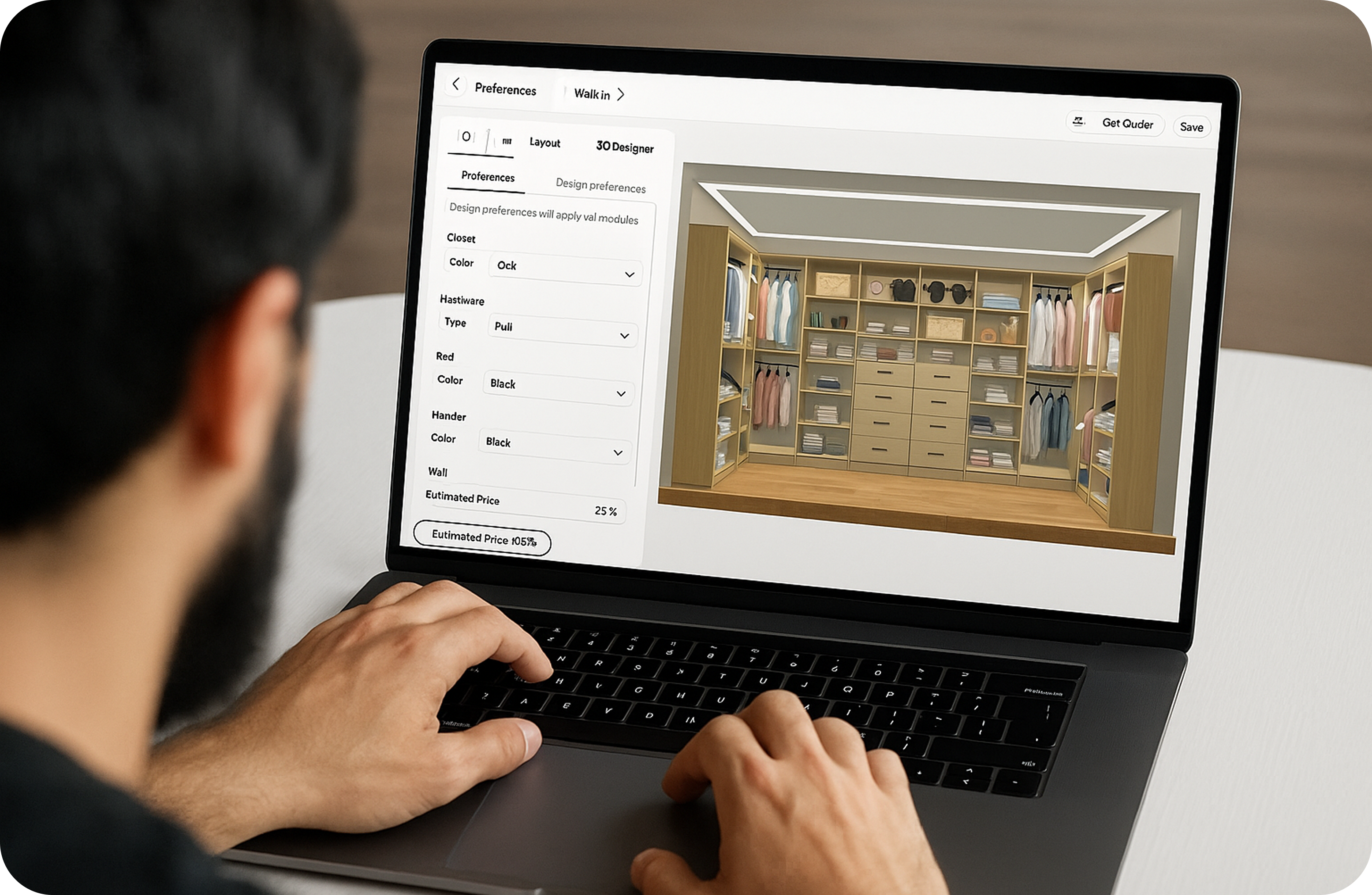 Designer creating closet design via 3D design tool