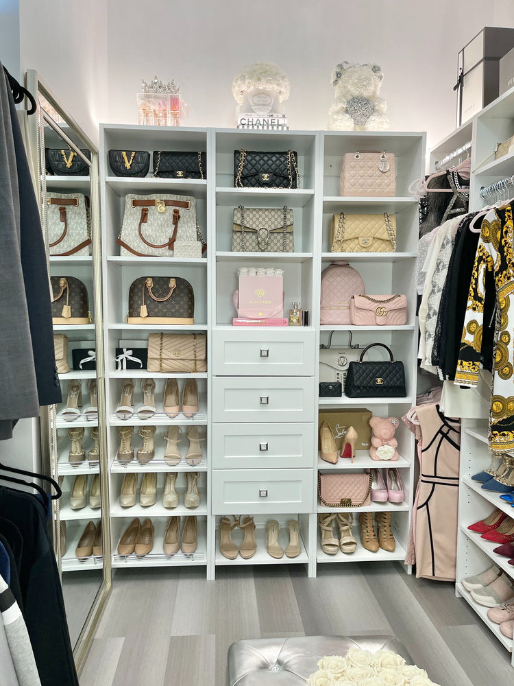 Customer photo of installed, fashionista-style, white, floor-length Vista closet