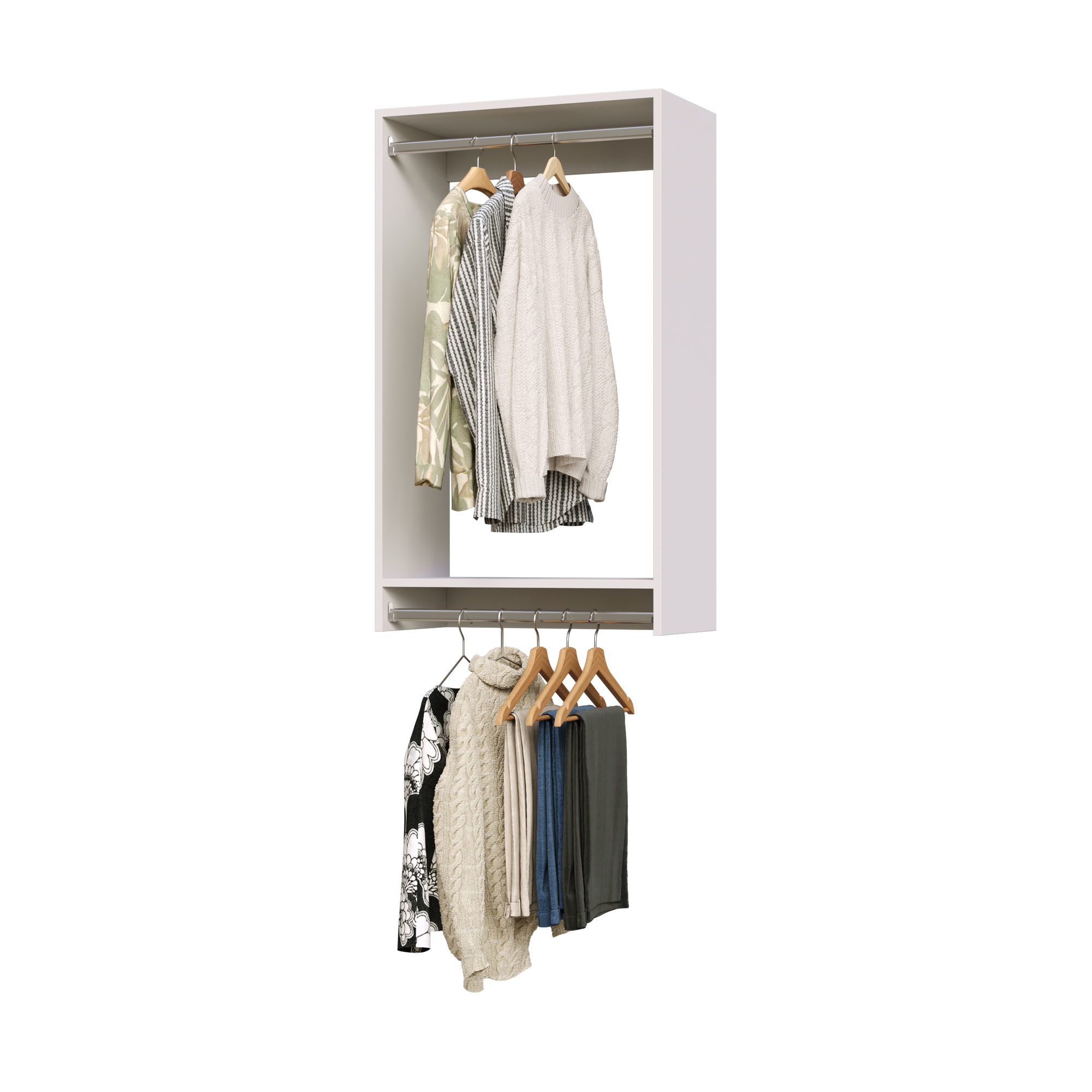 25.5 inch double hanging closet in white with blouses for master suites.