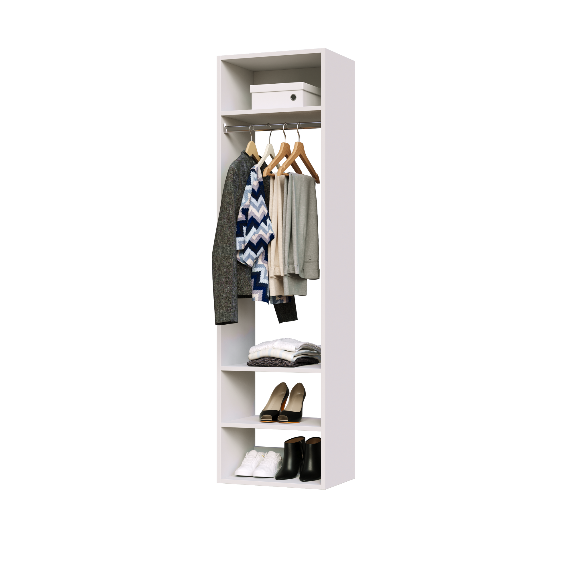 White hanging closet tower with an upper shelf, hanging rod, and three lower shelves for closet organization.