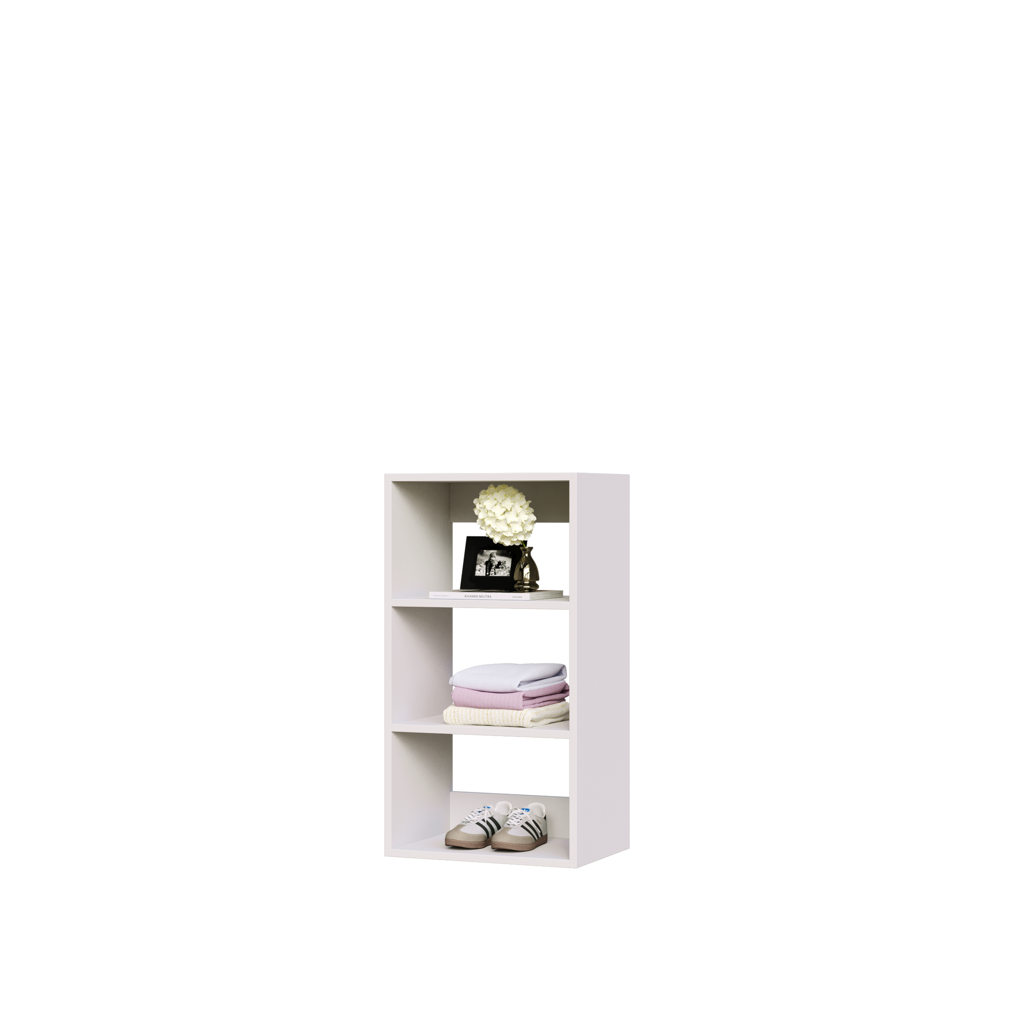 White closet shelves with 3 tiers for wardrobe storage and jewelry display.