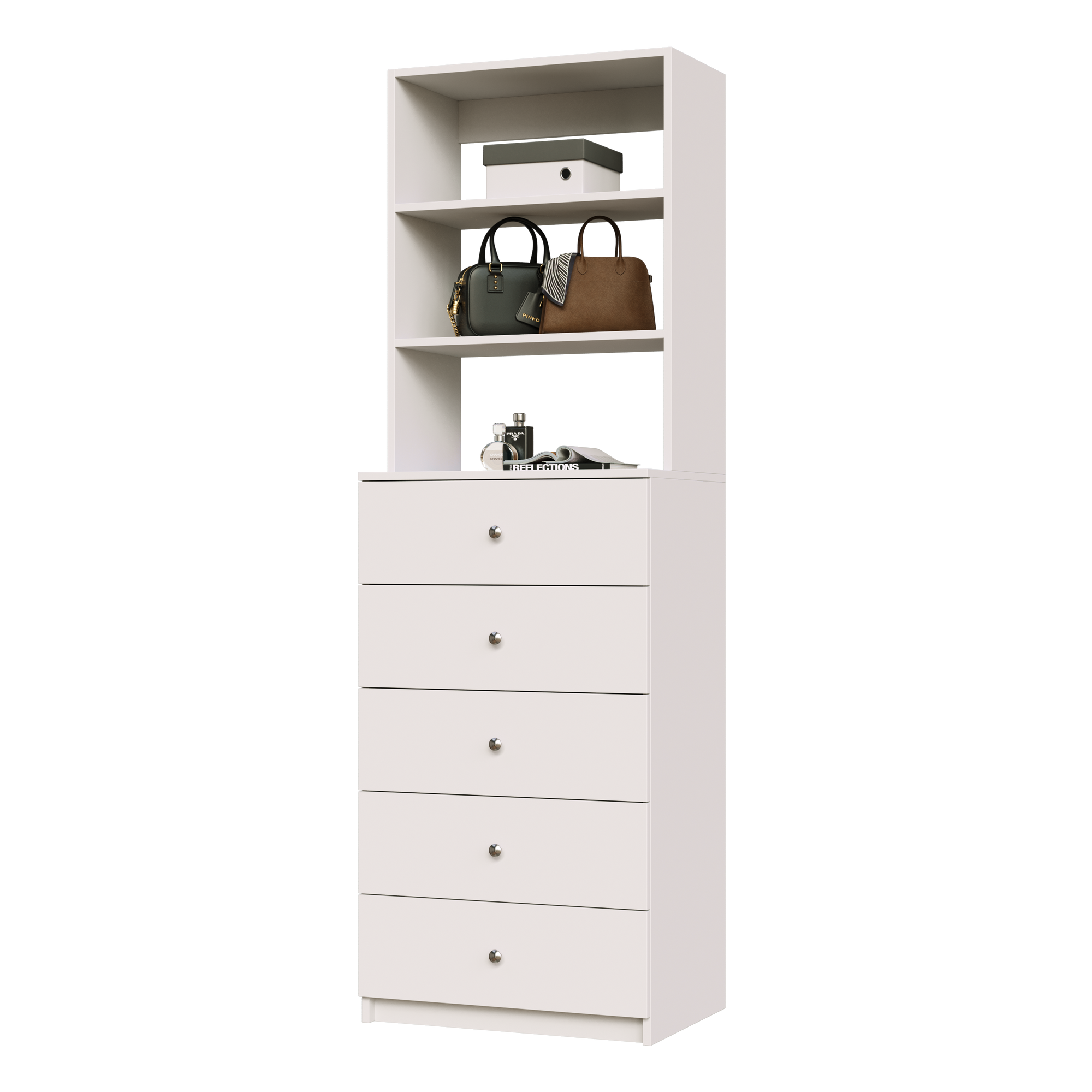 White closet drawer cabinet with slab fronts and top surface for jewelry or accessory display.