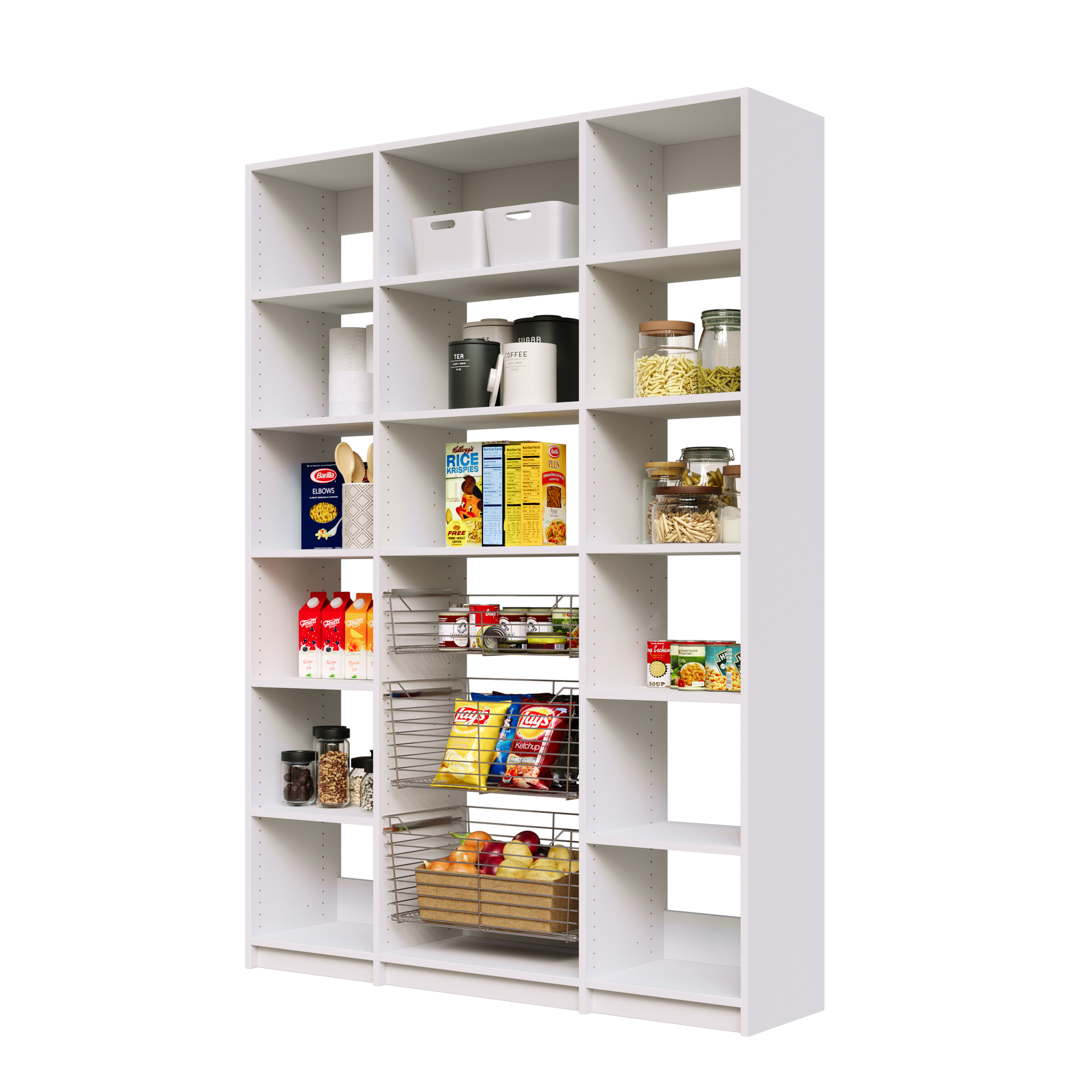 White 60 inch pantry storage with three sliding wire baskets and adjustable shelving.