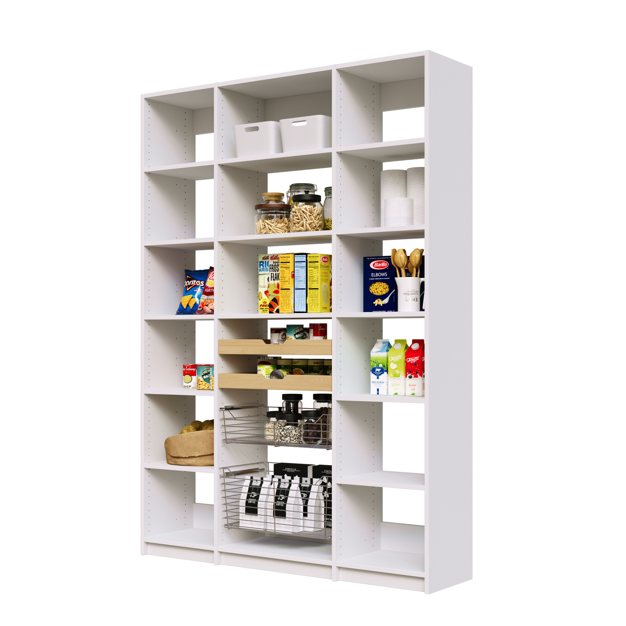 White 60 inch pantry shelving with two wood pull-out drawers, two pull-out wire baskets, and adjustable shelves.