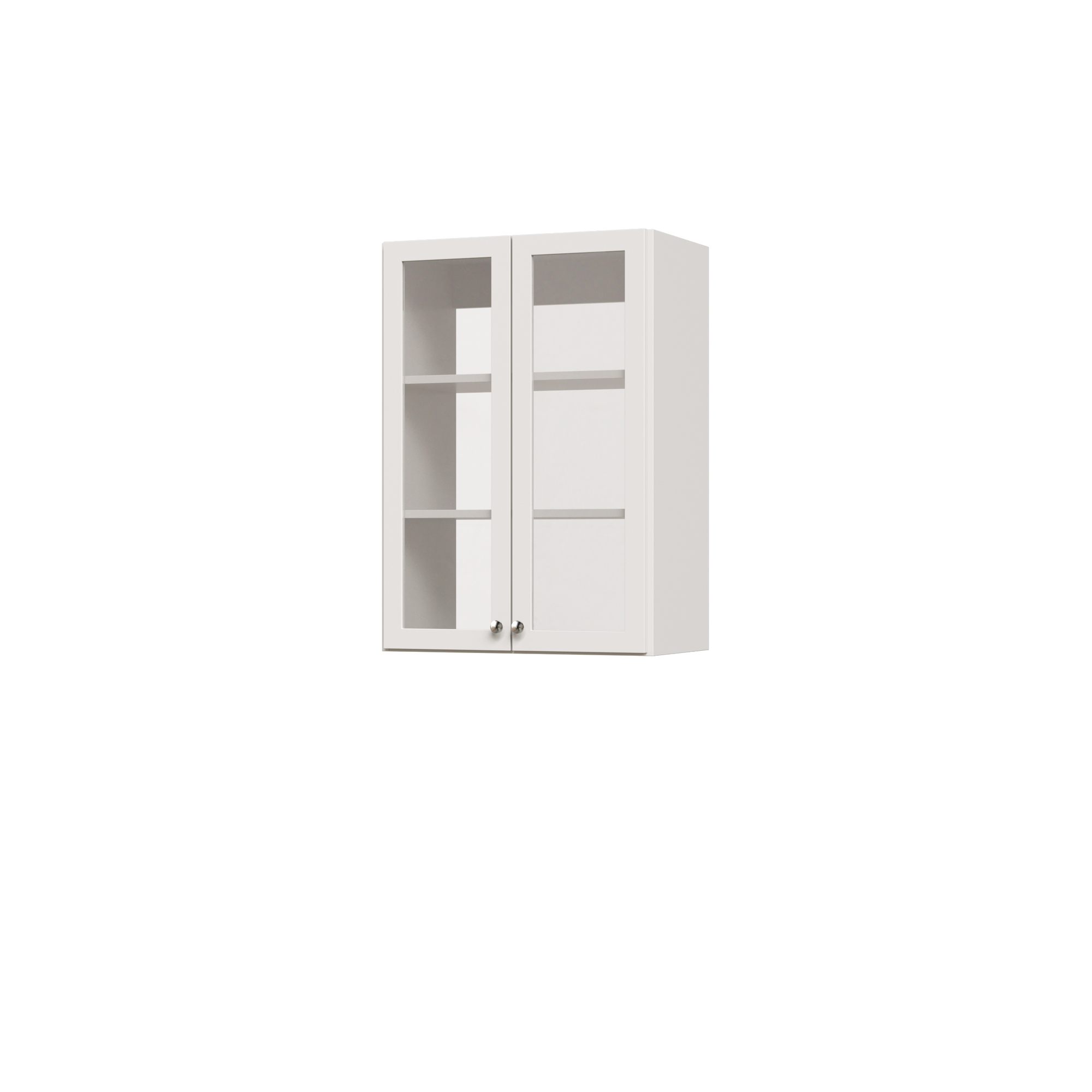 White 25.5 inch half closet doors with glass panels concealing adjustable shelves in a small closet.