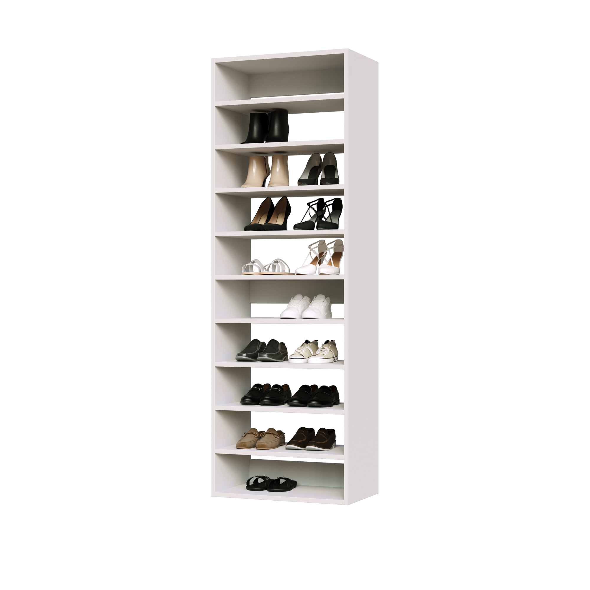 White shoe tower with 10 straight shelves for organized sneaker storage in a narrow reach-in closet.